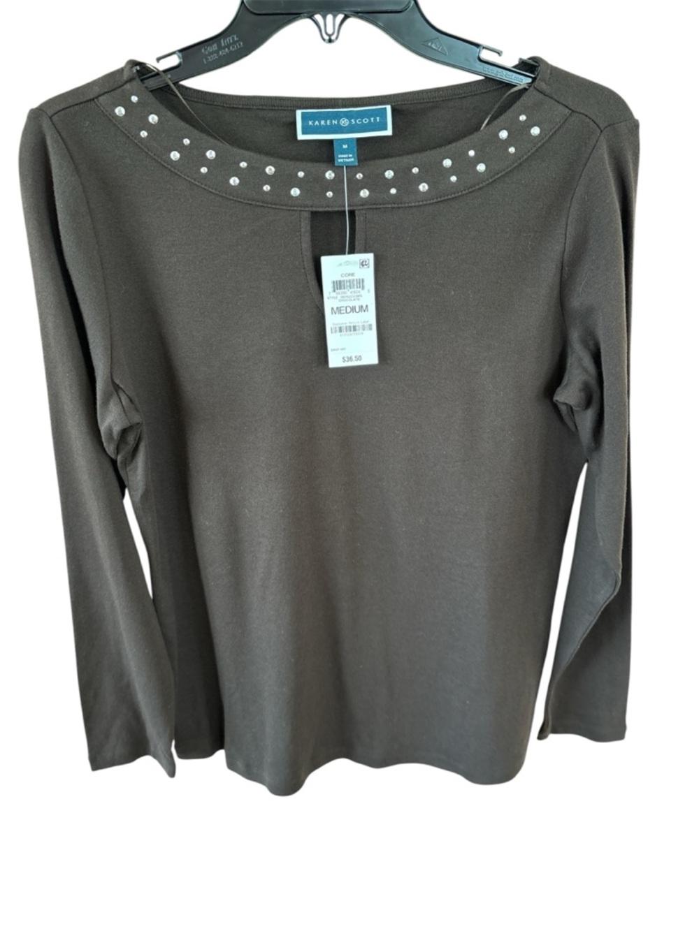 Karen Scott Brown Long Sleeve Boatneck Top with Stud Trim